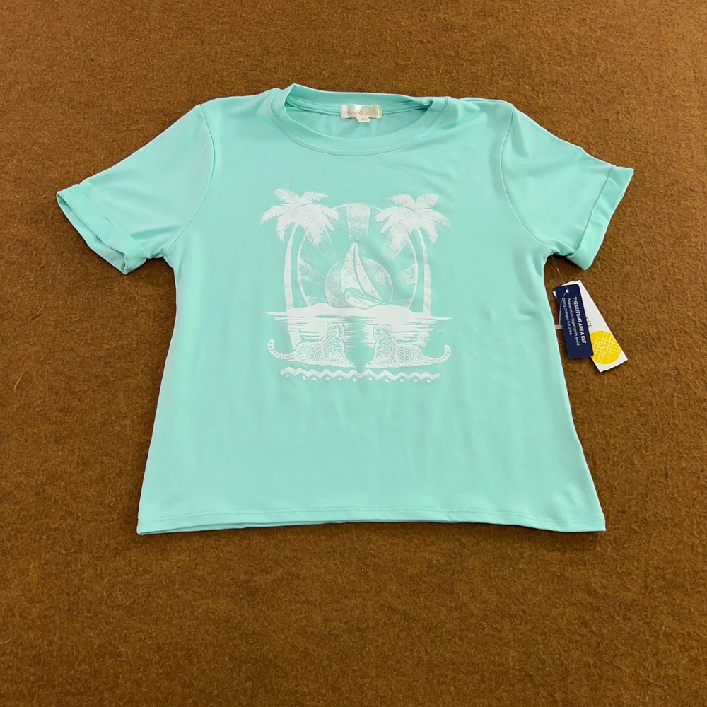 Sunset West Girls Size Large Teal Green Roxy Graphic Sporty Short Sleeve Top